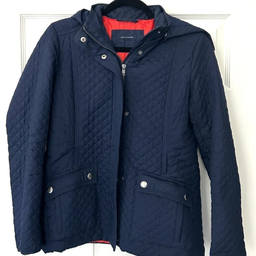 Tommy Hilfiger Women’s Quilted Barn Jacket Blue Hooded Zip Snap Coat Medium M